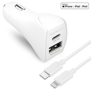 Cargador Para Auto Dual 20W + 12 W Con Cable Usb-C To Lightning En Blanco