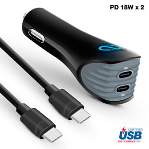 Dual Pd Fast Car Charger + Usb-C To Usb-C Cable - Black (18W)